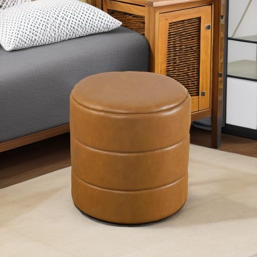 HomePop Upholstered Faux Leather Round Ottoman Home Décor|Foot Rest Ottoman- Carmel Brown