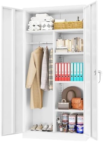 Greenvelly Metal Storage Cabinet Locker with Locking Doors,72" Metal Wardrobe Cabinet, Steel Storage Wardrobe with Hanging for Home Office, Garage, School, Gym(White 36" ×18")