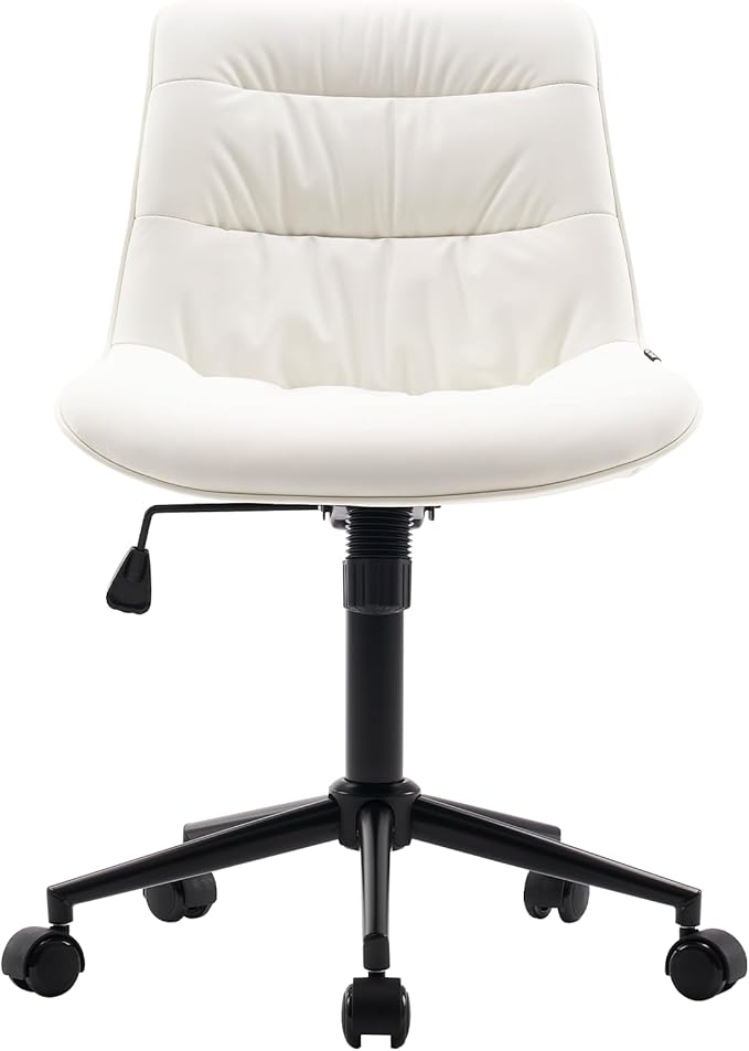 Kidol & Shellder Faux Leather Office Chair, Adjustable Swivel Height Task Chair, Rolling Wheels & Soft Backrest - Armless Ergonomic Desk Chair for Home, Office,Vanity,Gaming(White)