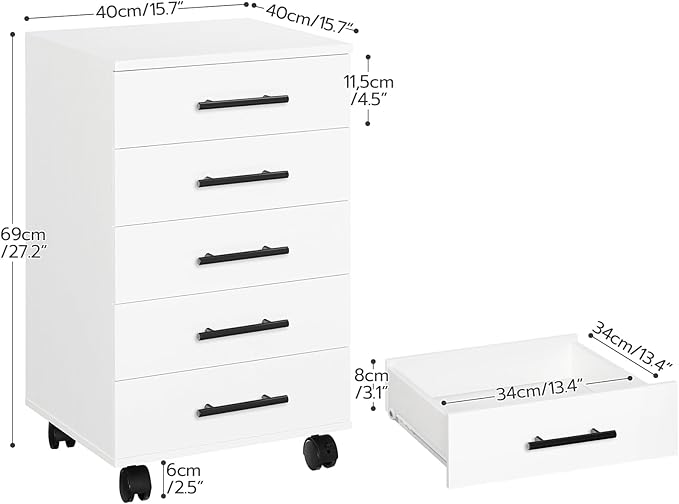 HOOBRO 5-Drawer File Cabinet, Office Cabinet with Drawers, Wooden Storage Cabinet with Wheels for Makeup, Home Office, Study, Easy Assembly, White WT05WJ01G1