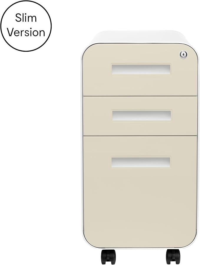 Laura Davidson Furniture Stockpile Slim 3-Drawer Mobile File Cabinet with Lock - Under Desk Metal Filing Cabinet, Legal/Letter File Folders, Wheels & Stationary Feet, Assembled, Ivory Faceplate