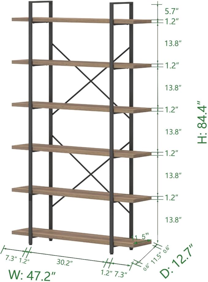 HSH Tall Bookcases and Book Shelves 6 Shelf, Metal Wooden Book Shelf and Storage Rack, Modern Etagere 6 Tier Bookshelf, Farmhouse Large Display Bookshelves for Bedroom Living Room Office, Rustic Oak