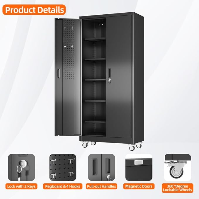 Aobabo Upgraded 71''H Metal Garage Storage Cabinet with Wheels and Door Pegboard,Steel Cabinets with 2 Doors and 5 Adjustable Shelves for Home Office,Required Assembly,Black