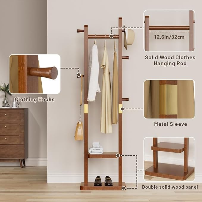 Solid Wood Coat Rack, Coat Rack Freestanding with 2 Shelves and 5 Hooks, Heavy Duty Coat Tree for Entryway,Living room,Coat Hanger Stand for Hats, Bags (Walnut Brown)