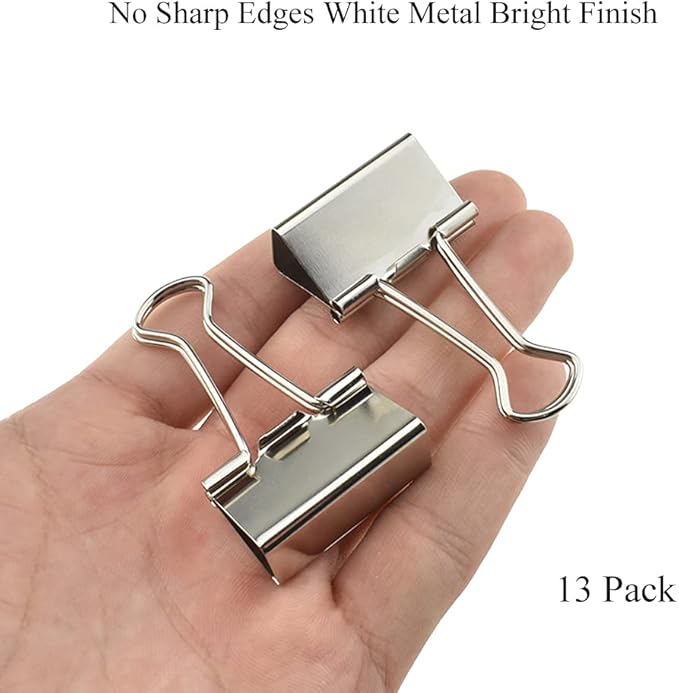 HAHIYO Binder Clips Paper Clamps Spring Steel Sturdy Medium 1.26 inches Width 0.39 Inch Capacity No Sharp Edges Heavy Duty Tight Grip Reusable Silver Metal Bright Finish for Home Office School 13 Pack