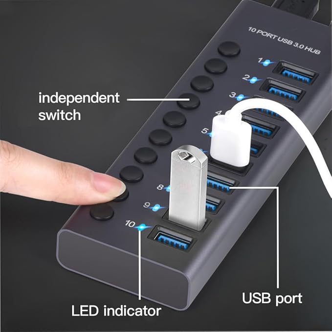 MaxLax 10 Port Aluminum USB 3.0 hub with 10 Port USB Data Transfer,Power Adapter USB Splitter Independent Switch