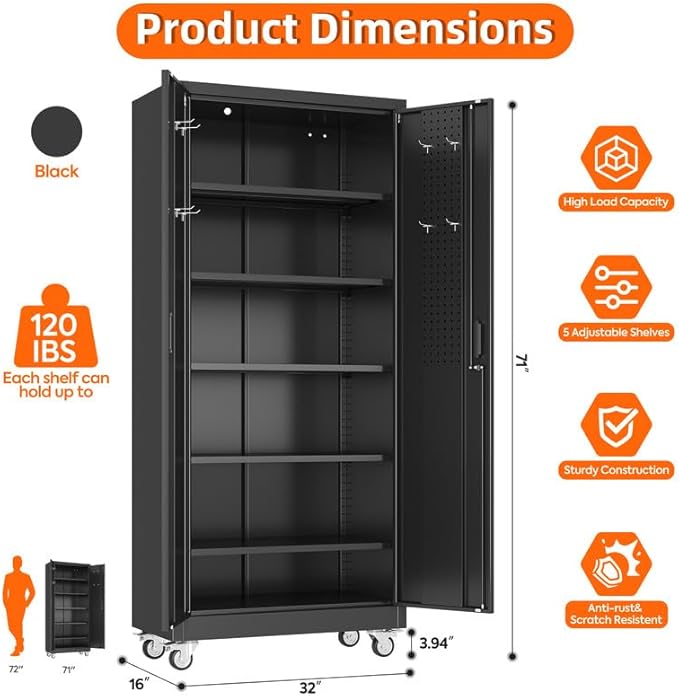 Aobabo Upgraded 71''H Metal Garage Storage Cabinet with Wheels and Door Pegboard,Steel Cabinets with 2 Doors and 5 Adjustable Shelves for Home Office,Required Assembly,Black