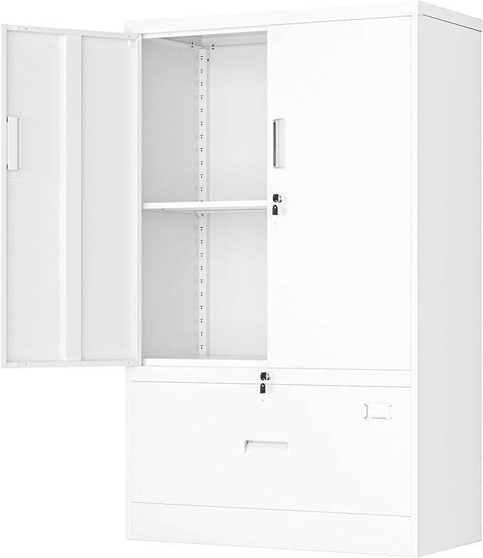 INTERGREAT Metal Storage Cabinet,Metal File Cabinet with Lockable Doors and Adjustable Shelves,Pantry Storage Cabinets for Garage,Home Office,Kitchen(White)