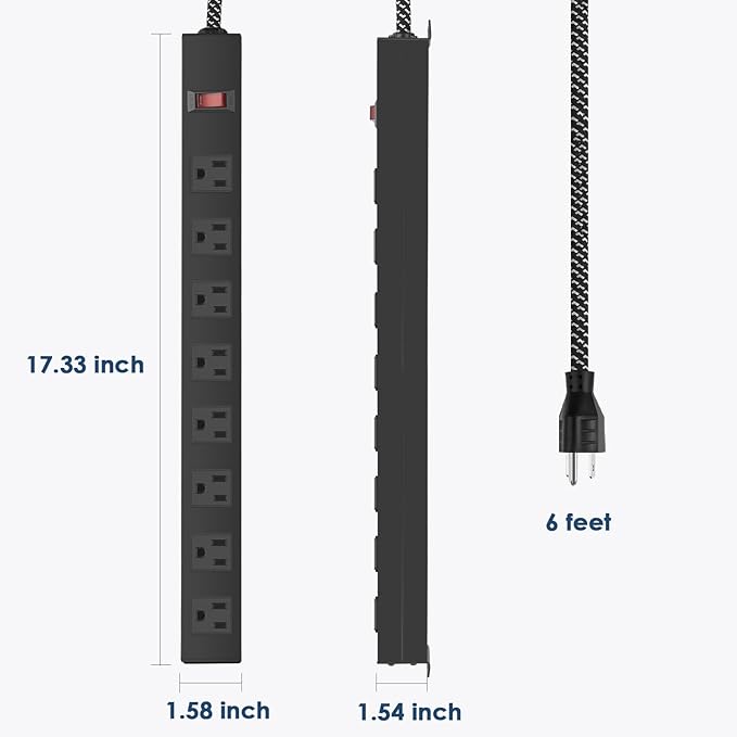 8 Outlet Power Strip - Metal Power Strip with Switch,Wide Spaced Moutable Surge Protector 1200J,6ft 14Awg Braided Cord,Home Office Industrial Garage Commercial