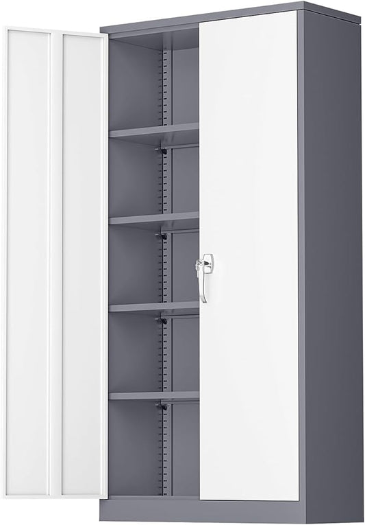 Greenvelly Metal Garage Storage Cabinet, Locking Steel Cabinet with 2 Doors and 4 Adjustable Shelves, Metal Tool Cabinets, Lockable File Cabinet for Home Office, Garage, School (Gray White)