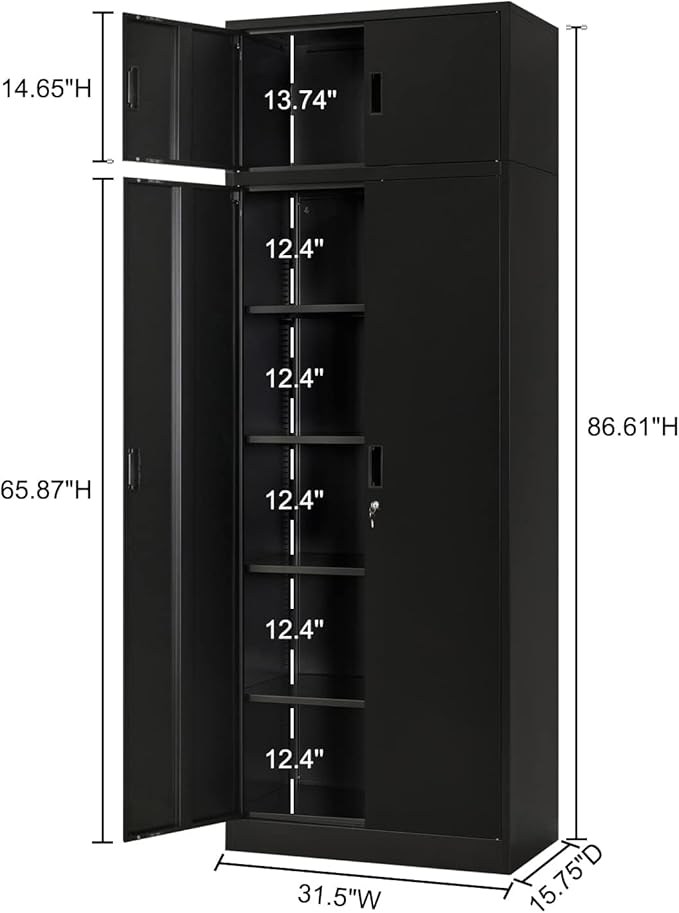 BESFUR Metal Storage Cabinet 87" H,Black Locking Storage Cabinets with Top Cabinet and 4 Adjustable Shelves for Home Office, Garage,School, Apartment, Warehouse, Utility Room