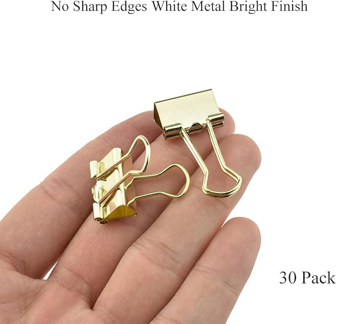 HAHIYO Binder Clips Paper Clamps Spring Steel Sturdy Small 0.75 inches Width 0.2 Inch Capacity No Sharp Edges Heavy Duty Tight Grip Reusable Gold Metal Bright Finish for Home Office School 30 Pack