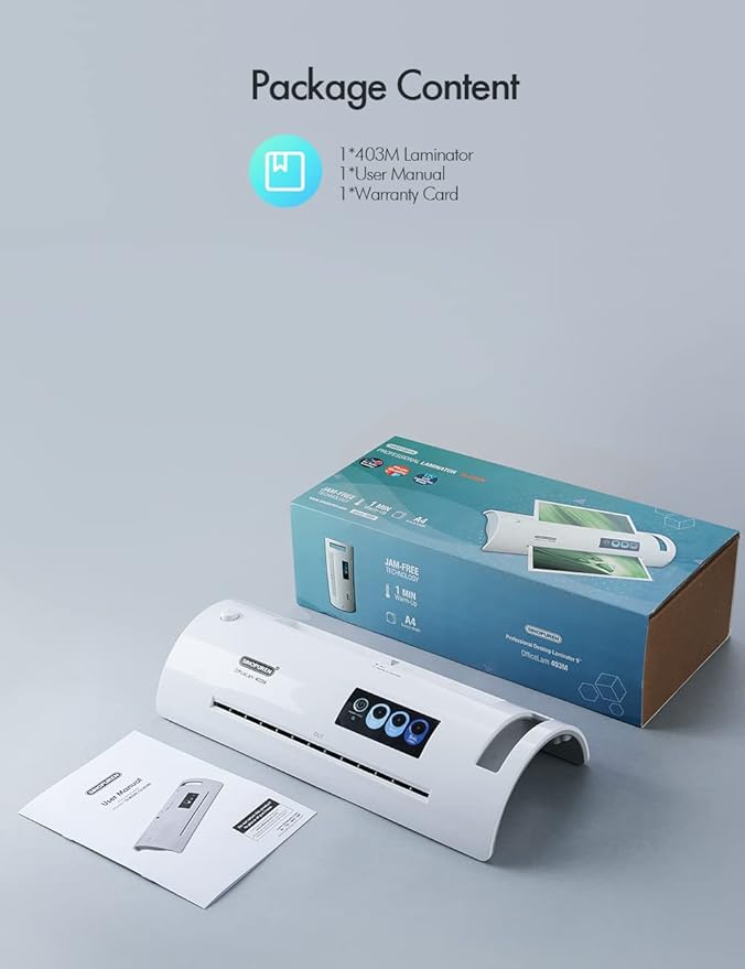 Laminator Machine, SINOPUREN Laminating Machine, Thermal Lamination 9-inch Quick 1min Warm-up JamFree-Tech Personal Lamination Work with 3mil 4mil 5mil Pouches, School/Office/Home use, White