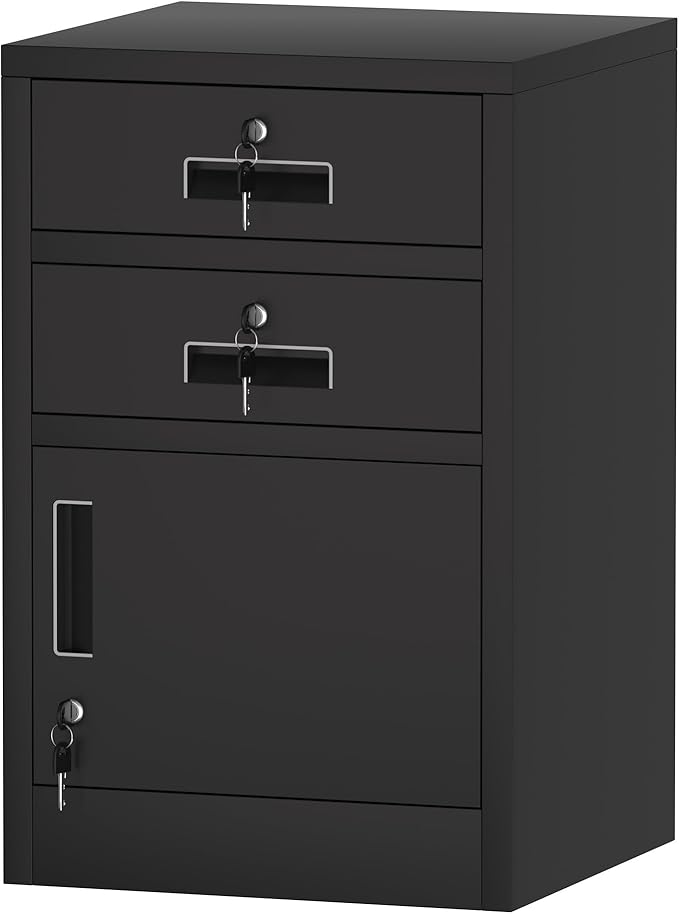 Metal Storage Cabinet with Locking Door and 2 Lockable Drawers for Home Office Bedroom Living Room (Black)