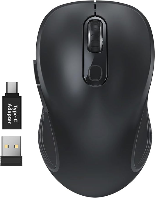 WisFox 2.4G Wireless Mouse for Laptop, Ergonomic Computer Mouse with USB Receiver and Type-C Adapter, 3 Adjustable Levels, 6 Button Cordless Wireless Mice for Windows Mac PC Notebook (Black)