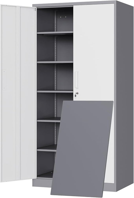 Yizosh Metal Storage Cabinet with 2 Locking Doors and 5 Adjustable Shelves, 72" Garage Storage Cabinet Steel Lockable for Office,Home,Garage