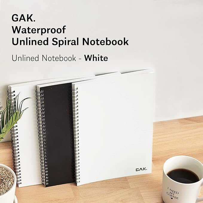 GAK. Stone Paper Notebook | No Lines Spiral Notebook Waterproof Sheet Aesthetic Journal for Note Taking | Notebooks for Work & Aesthetic School Supplies | Medium Size, White (5.8”x8.3”, 50 sheets)