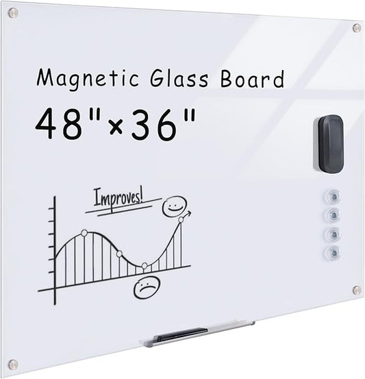 Magnetic Glass Whiteboard,48"x36" Wall Mounted Frameless Dry Erase Board for Office, Home & School Ultra White