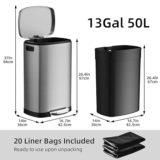KUK 13 Gallon/50L Stainless Steel Kitchen Trash Can with Lid and Step Pedal-Large Capacity Garbage Bin with Odor Seal, Silent Close Lid, Removable Inner Bucket, Titanium Silver