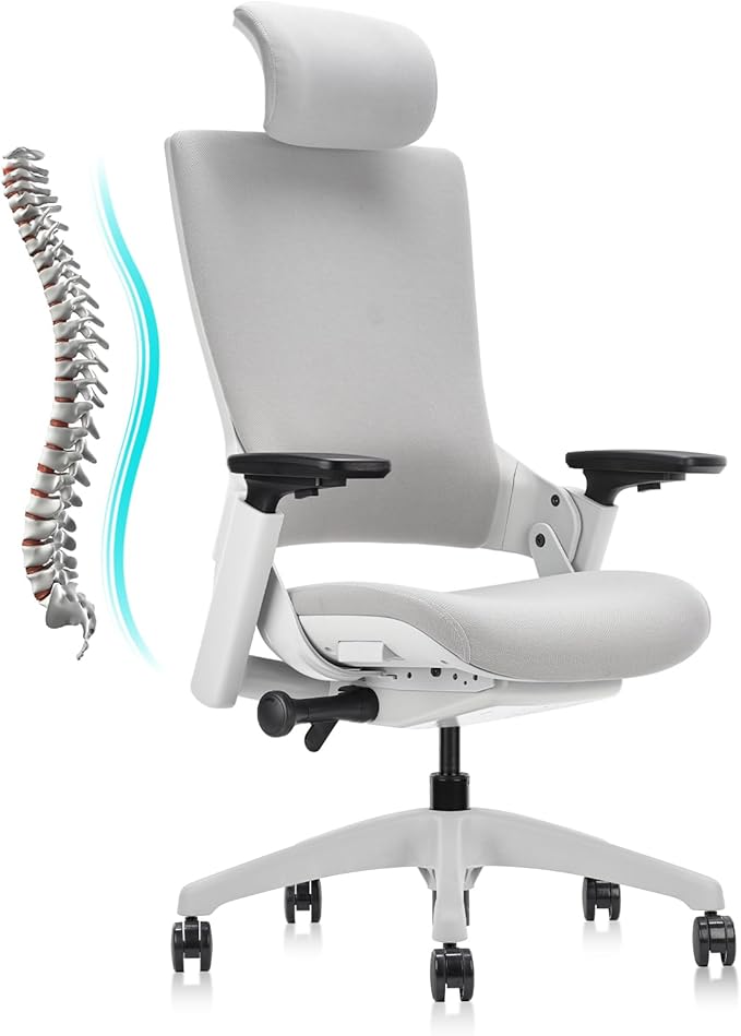 CLATINA Ergonomic High Swivel Executive Chair with Adjustable Height Head 3D Arm Rest Lumbar Support and Upholstered Back for Home Office Gray