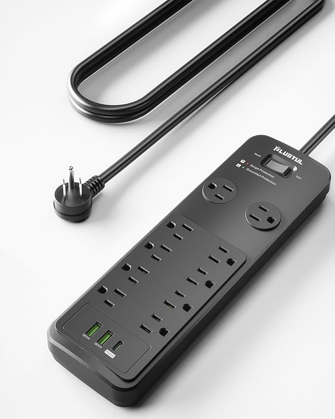Surge Protector Power Strip 10FT, PLUGTUL Surge Protector with 10 Outlets - Spacious Design for Large Plugs, Flat Plug, 20W USB C Charging for Home, Office, ETL Listed,2040J