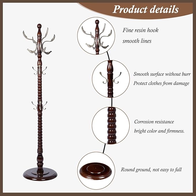 Wooden Coat Rack Freestanding, Vintage Coat Racks with Sturdy Round Base, Adjustable Height 37.40"-72.83" Entrance Coat Rack for Bedroom Living Room Entryway (Nostalgic)