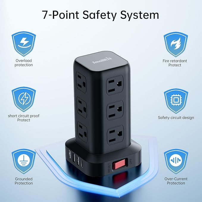 PD20W Surge Protector Power Strip Tower, 15FT Extension Cord with Multiple Outlets, 12 AC 4 USB (1 USB C),Mini Power Strip with USB Ports, Surge Protector Tower Overload Protection for Office, Desk