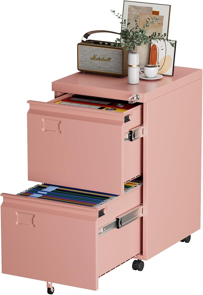 Aobabo Metal 2 Drawer Office File Cabinet with Lock, Under Desk Office Steel Files Cabinet on Wheels, 25.6''H Legal/Letter A4 Size, Assembly Required, Pink