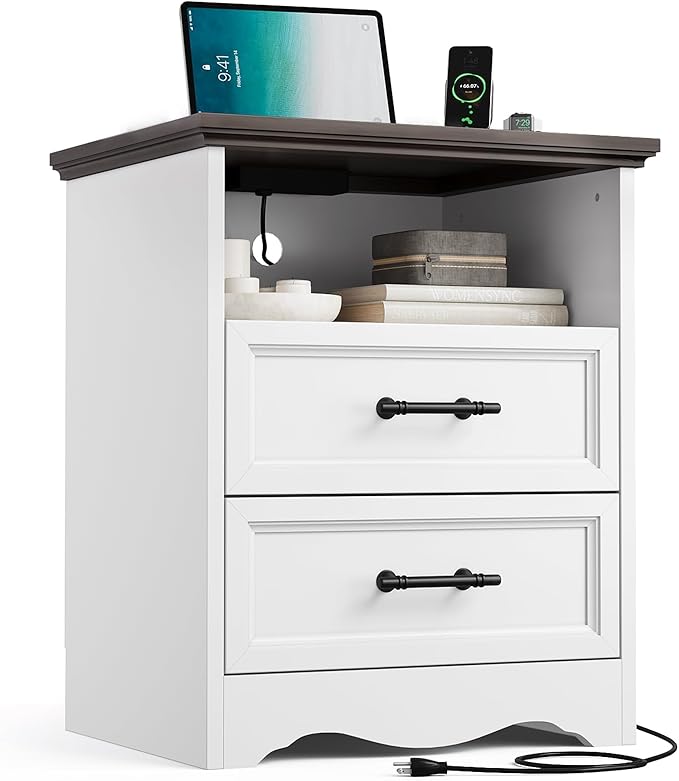 Nightstand with Charging Station, Farmhouse End Table with 2 Drawers Storage, Space-Saving Wood Storage Cabinet with Unique Base Design, Bedside Table for Bedroom, Living Room, White