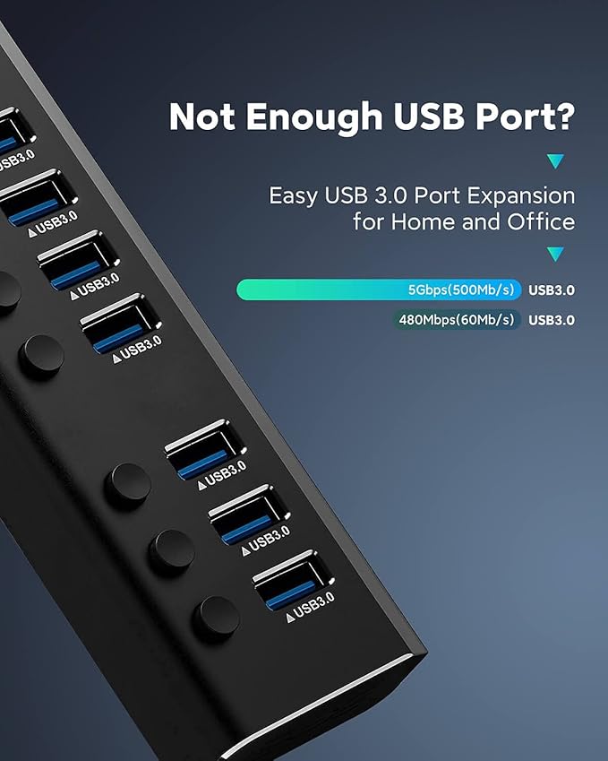 USB Hub 3.0 Powered Rosonway Aluminum 7 Ports USB 3.0 Data Hub Splitter with 24W (12V/2A) Power Adapter and Individual On/Off Switches USB Port Expander for PC and Laptop (RSH-A37S)