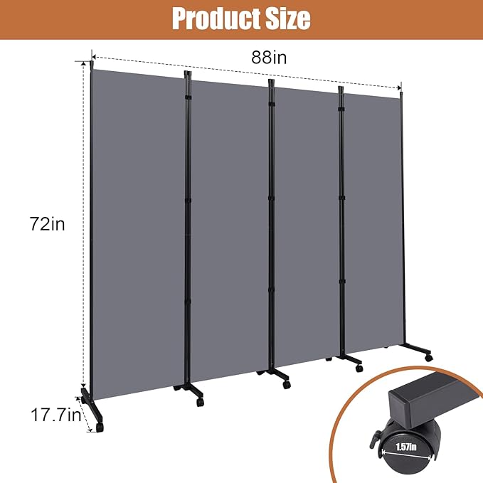 Room Divider Portable 88'' Partition Room Dividers and Folding Privacy Screens 4 Panel Wall Divider for Room Separation,Freestanding Fabric Room Divider Panel with Wheels for Home Office Hospital