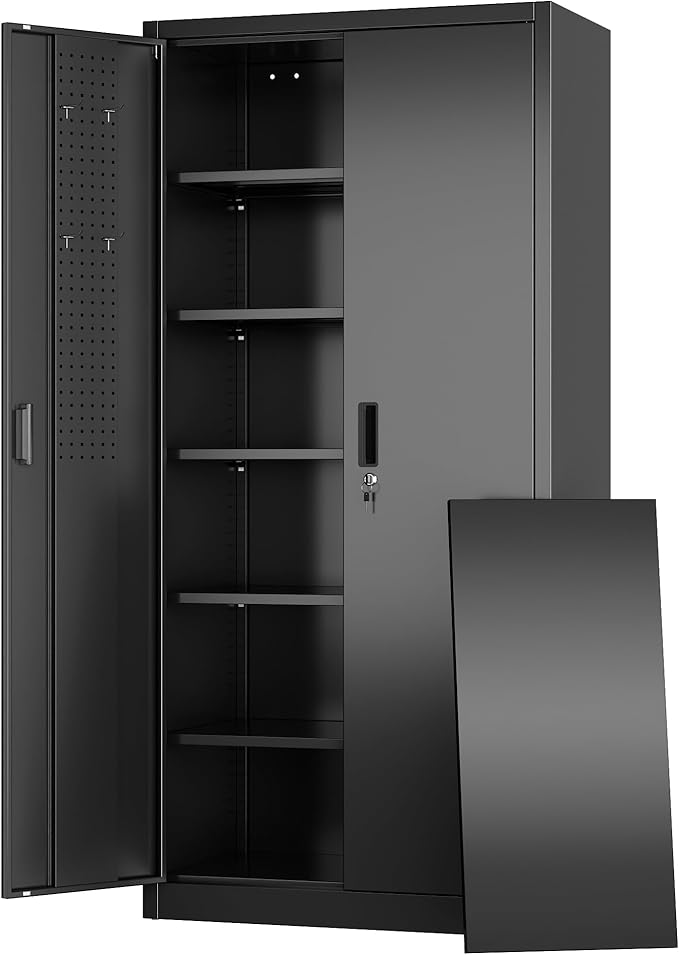 Aobabo Upgraded 71" H×34" W×18" D Metal Garage Storage Cabinet with Pegboards, Lockable Steel Cabinet with 5 Adjustable Shelves and 4 Hooks for Garage, Home, Office, Black,Assembly Required