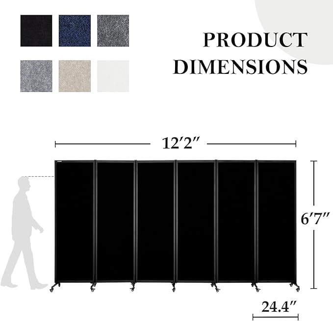 Upgrade Version Room Partition and Divider, Freestanding Rolling Dividers with Wheels,Office Privacy Screen Divider Wall,Classroom Felt Dividers,12'2"L* 6'7"H,6 Panel,Black