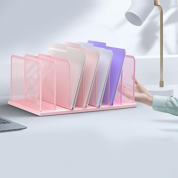 Kuntine.B Desk File Organizer Upright Mesh Desktop Organizer File Sorter Office Organization File Holder for Home, Office & Classroom (Pink, 2 Pack 7-Section)