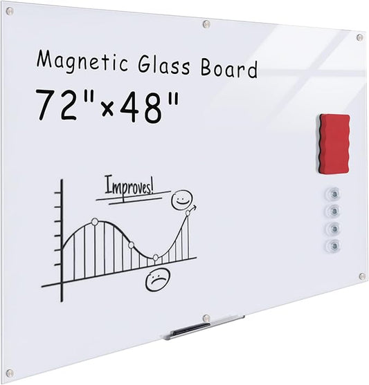 Magnetic Glass Whiteboard,72"x48" Wall Mounted Frameless Dry Erase Board for Office, Home & School Ultra White