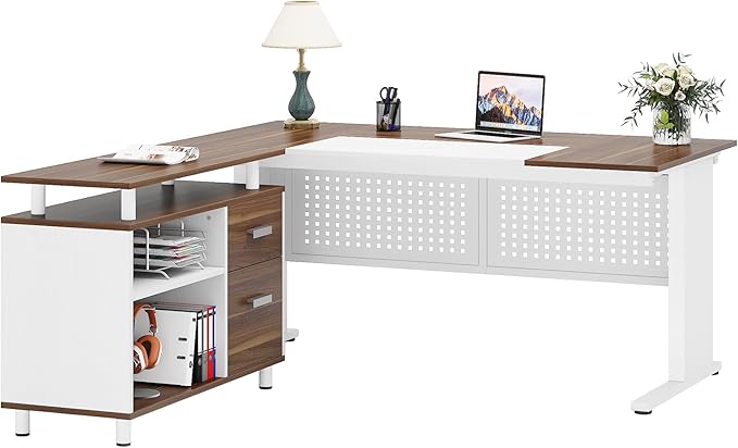 Tribesigns 63 Inch Executive Desk with File Cabinet, L Shaped Office Desk with Drawers and Storage Shelves, Business Furniture Set Workstation for Home Office, White and Walnut
