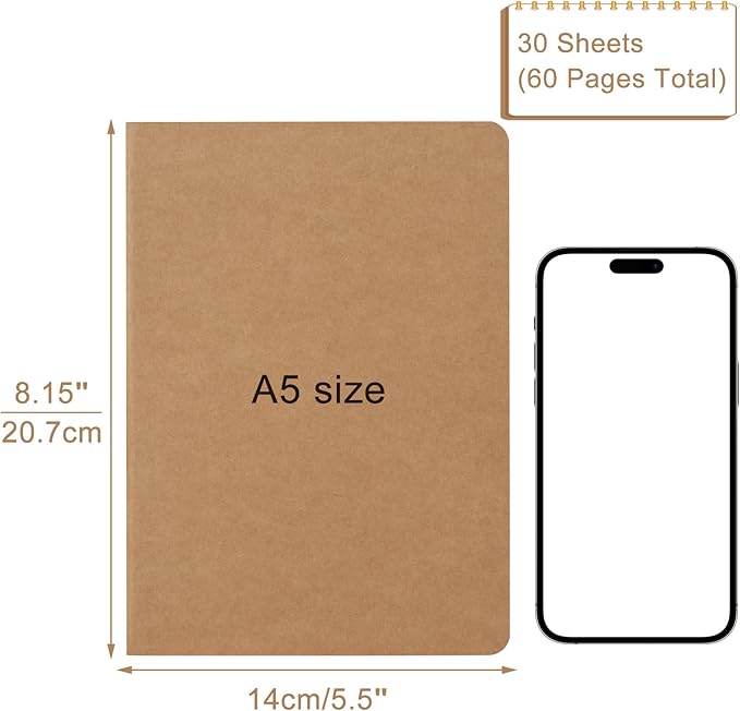 ZCZN 5 Pack A5 Kraft Notebooks Bulk, 8.15x5.5 Inches Lined Paper Journaling Notebooks, Notebooks for Work, Composition Notebooks for School, Journal Notebooks for Office, 60 Pages