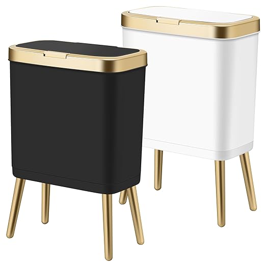 Procade 2Pack Trash Can with Lid, Modern Bedroom Garbage Can with Gold Edge, Slim Kitchen Garbage Bin,4 Gallon Trash Bin Plastic Waste can for Office, Living Room,Toilet,Bathroom (Black+White)