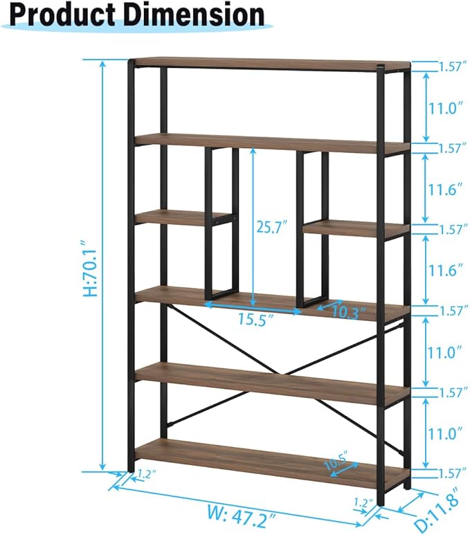 LVB Tall Industrial Etagere Bookcase, Modern Wood Large Open 6 Tier Bookshelf, Vintage Wide Metal Book Shelf Organizer, Farmhouse Book Shelves for Bedroom Living Room Home Office Storage, Rustic Oak