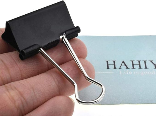 HAHIYO Binder Clips Paper Clamps Spring Steel Sturdy Medium 1.26 inches Width 0.45 Inch Capacity No Sharp Edges Heavy Duty Tight Grip Reusable Black Metal Bright Finish for Home Office School 16 Pack