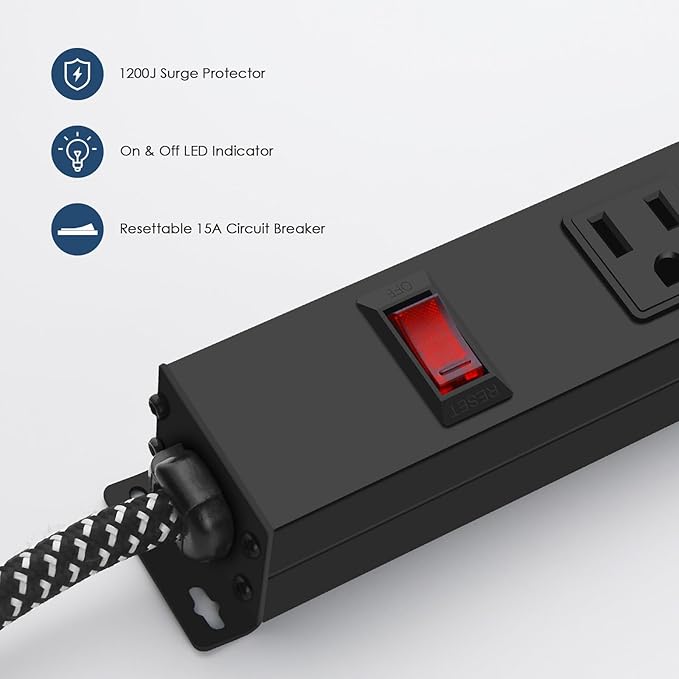 8 Outlet Power Strip - Metal Power Strip with Switch,Wide Spaced Moutable Surge Protector 1200J,6ft 14Awg Braided Cord,Home Office Industrial Garage Commercial