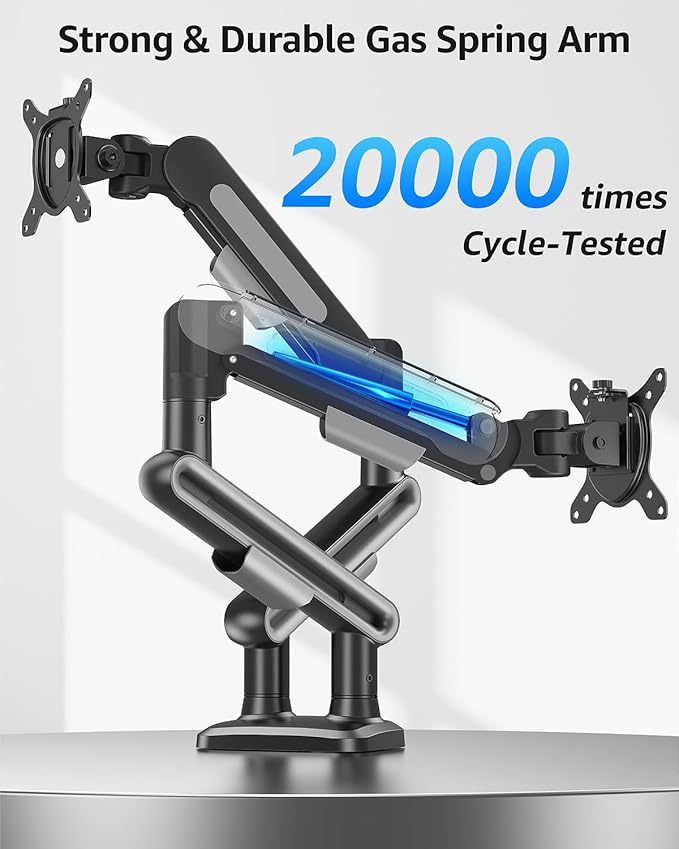 MOUNTUP Dual Monitor Mount Holds 4.4-26.5lbs, Heavy Duty Monitors Arm for 39 37 34 32 27inch, Gas Spring Monitor Stand for 2 Monitor, Height Adjustable Monitors Desk Mount with C-Clamp&Grommet Base