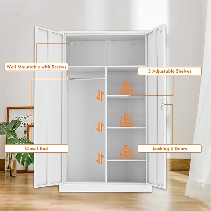 MIIIKO Steel Wardrobe with 2 Doors, White Metal Locker for Storage with Hanging Rod and 4 Shelves, Lockable for Bedroom and Home Office