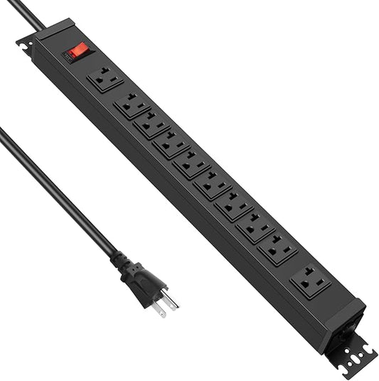 JUNNUJ Multi Angle Mount 10 Outlet 20 Amp Power Strip Heavy Duty, 2700J Surge Protector Under Desk with Switch 20A, Garage Workbench Gaming Outlet Table Wall Mountable, 3FT 12AWG Extension Cord