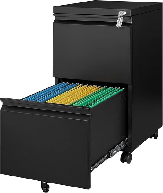 2 Drawer Metal File Cabinet with Lock, Rolling File Cabinets with Lock for A4/Legal/Letter Size, Under Desk Filing Cabinet for Home Office Assembly Required(Black)