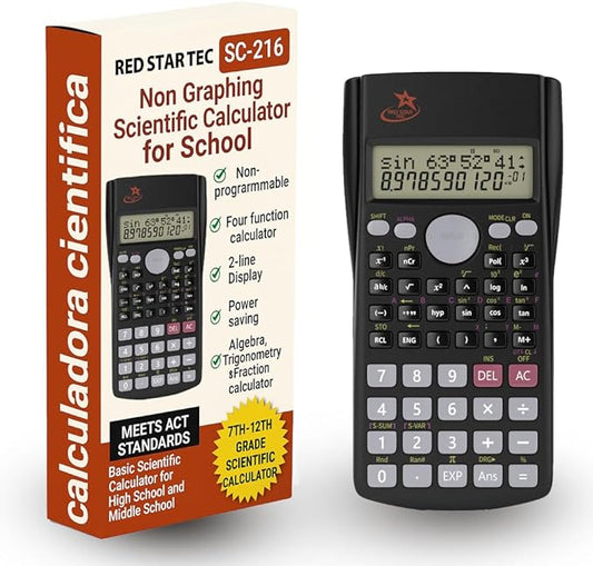 SC 216 Non Graphing Scientific Calculator for School by Red Star Tec – Black Math Calculator with 240 Functions, SAT Exam Ready, 2-Line Display, Trigonometry, Algebra & Statistics Support