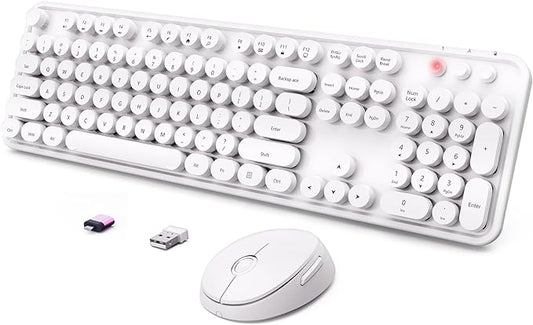 Wireless Keyboard and Mouse Combo, Ergonomic Full Size Typewriter Retro Round Keycaps Keyboard, Compatible with Windows, PC, Perfer for Home and Office Keyboards(White)
