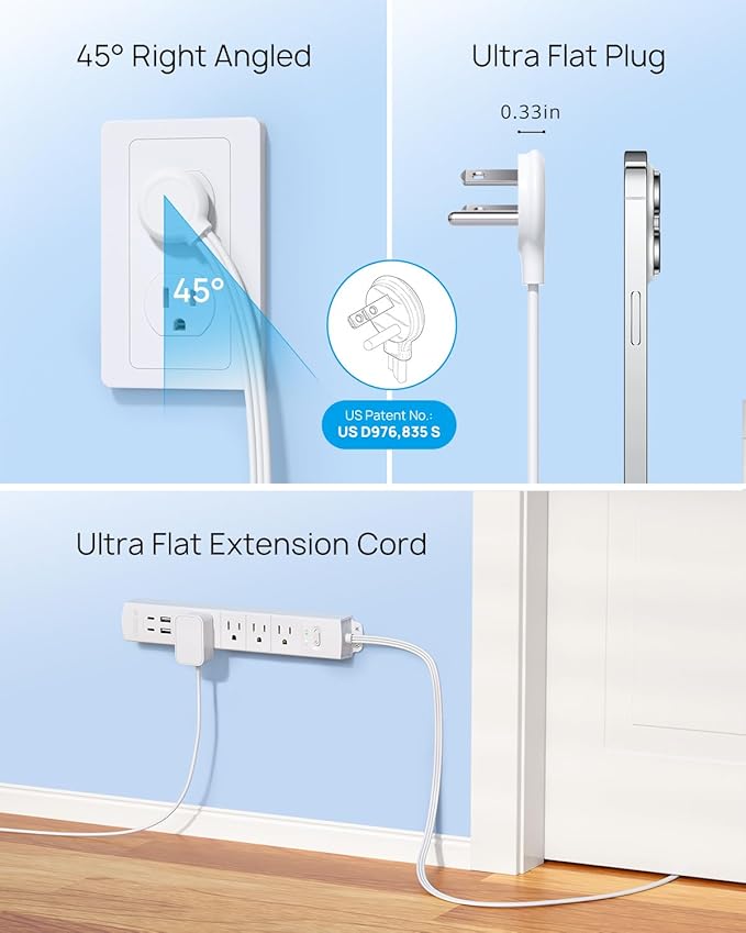TROND 15ft Long Extension Cord with 2 USB C, ETL Listed, Ultra-Thin Flat Plug Power Strip, Slim Surge Protector, 4 Outlets 4 USB Ports, Wall Mount, Office Accessories Dorm Room Essentials, White