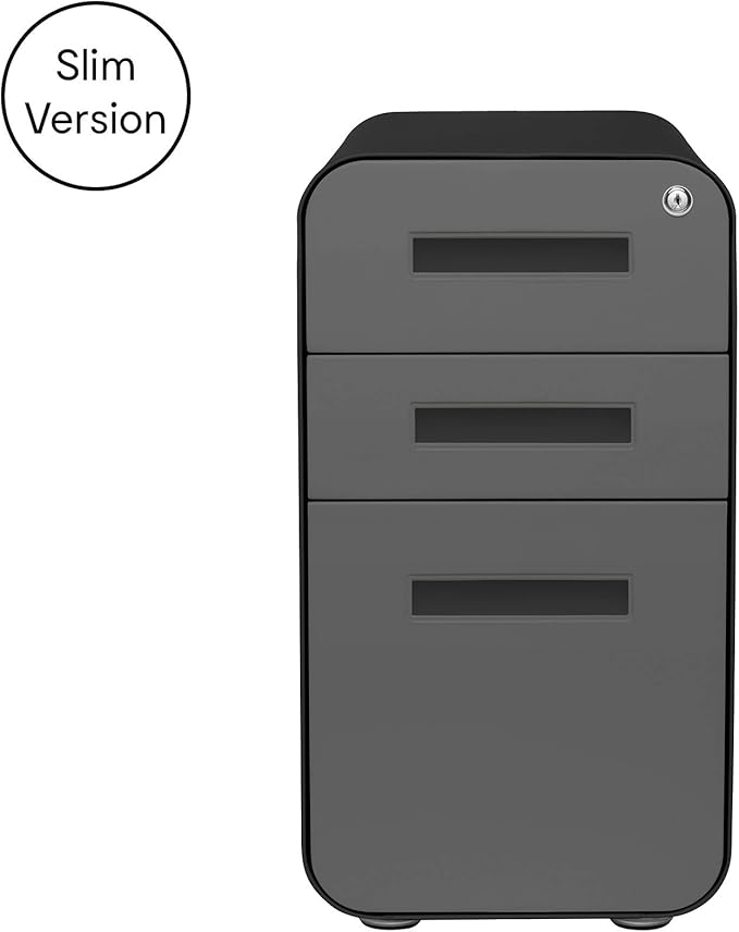 Laura Davidson Furniture Stockpile Slim 3-Drawer Mobile File Cabinet with Lock - Under Desk Metal Filing Cabinet, Legal/Letter File Folders, Wheels and Stationary Feet, Pre-Assembled, Black/Grey