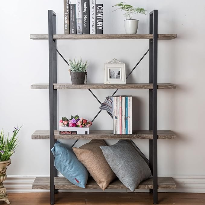 HSH 4-Shelf Vintage Industrial Bookshelf, Rustic Gray Wood and Metal 4 Tier Bookcase, Open Wide Etagere Book Shelf for Home Office Livingroom Bedroom Dispaly, Light Grey Oak